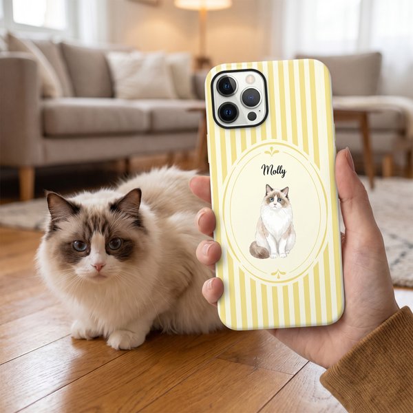 Personalized Watercolor Pet Photo Portrait Striped Phone Case for iPhone Samsung with Name Daily Use Birthday Gift for Pet Lovers