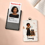 Personalised Cartoon Black Female Teacher Subject ID Card Badge Holder with Name Back to School Teacher Appreciation Gift for Teachers