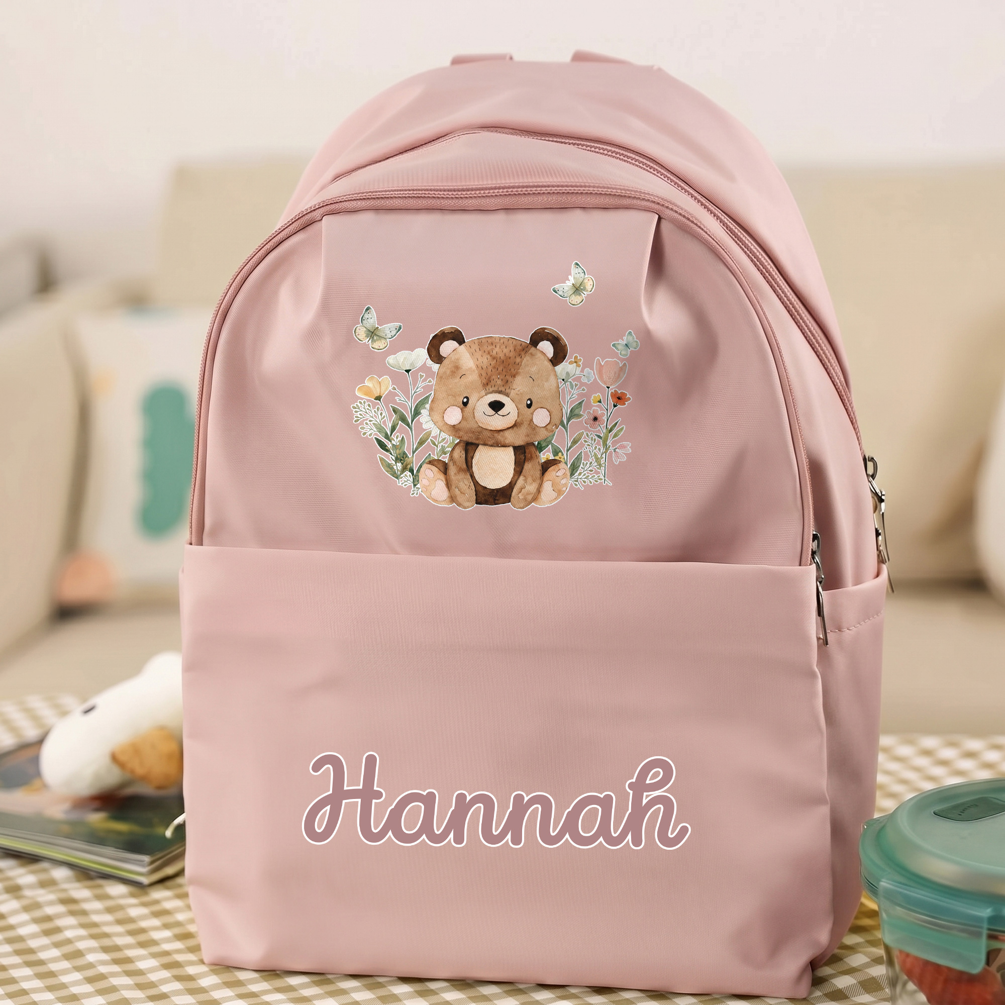 Individuell gestalteter, niedlicher Kinderrucksack mit Tier- und Schmetterlingsmotiven, mehreren Fächern und Namenszug – Schulanfangsgeschenk für Jungen und Mädchen