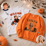 Personalized Halloween Spooky Cartoon Character Photo Kid T-shirt Sweatshirt Hoodie with Name Halloween Gift for Halloween Lovers Kids