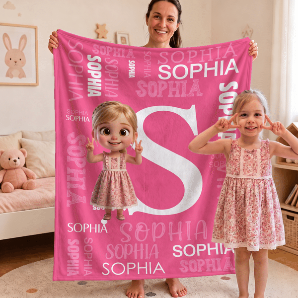 Personalised Cartoon Kid Photo Soft Throw Blanket with Initial and Name Home Decor Birthday Gift for Boys Girls