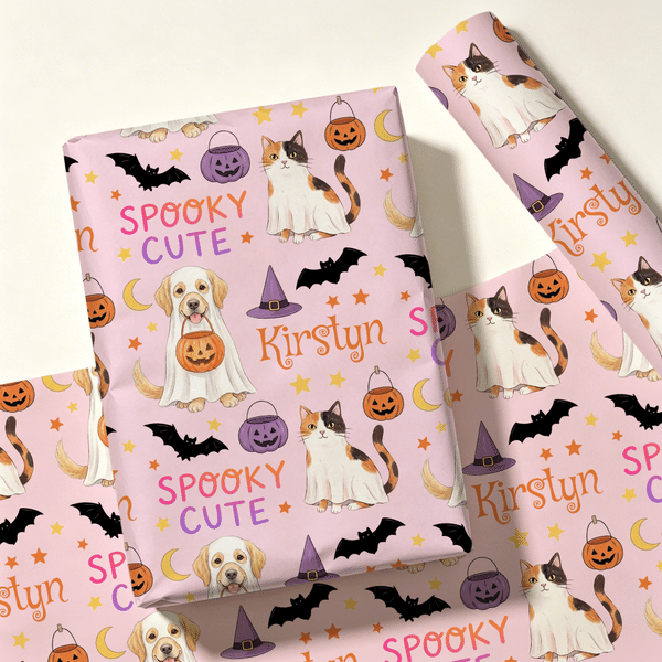 Personalised Spooky Cute Halloween Cat Dog Wrapping Paper Set of 3 with Name Halloween Party Favor Gift for Kids Friends Pet Owners