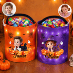 Personalised Halloween Cartoon Character Pumpkin LED Light Bucket Bag with Name and Photo Trick or Treat Halloween Party Gift for Children Boys Girls