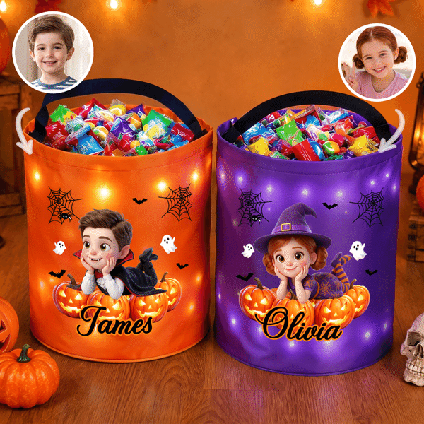 Personalised Halloween Cartoon Character Pumpkin LED Light Bucket Bag with Name and Photo Trick or Treat Halloween Party Gift for Children Boys Girls