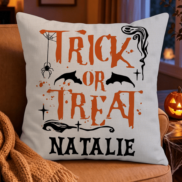 Personalized Halloween Theme Trick or Treat Soft Throw Pillow Cover with Name Halloween Gift for Kids Family