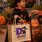 Personalised Wizard Witch Cartoon Character Photo Durable Jute Tote Bag with Name Trick or Treat Halloween Party Gift for Boys Girls