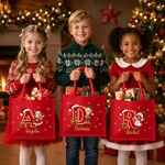 Personalized Christmas Cartoon Character Photo Initial Large Jute Tote Bag with Name Christmas Party Gift for Kid Family Friend