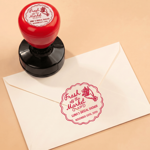 Personalised Fresh off the Market Flower Multicolour Self-Inking Stamp with Name and Date Bridal Shower Gift for Bridesmaids
