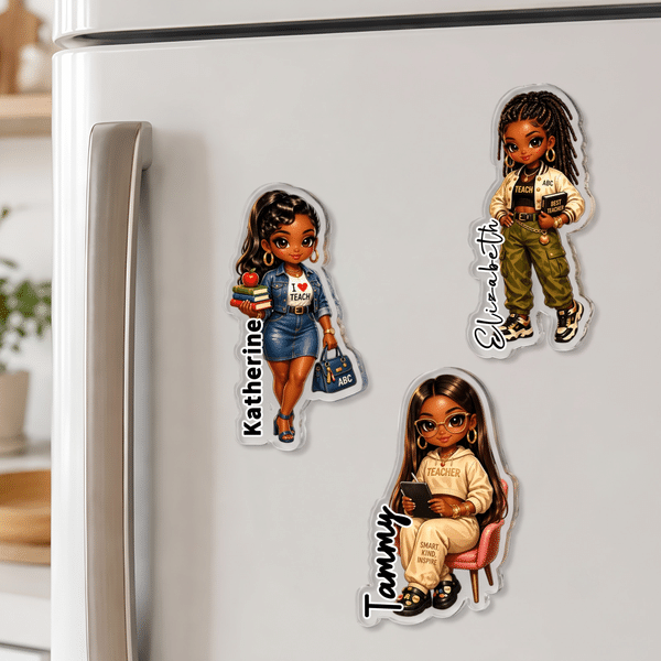 Gepersonaliseerde zwarte acrylkoelkastmagneet met afbeelding van een leraar en naam – geschikt voor dagelijks gebruik; ideaal cadeau voor het begin van het schooljaar, Lerarendag of een verjaardag voo