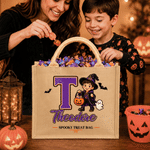Personalised Wizard Witch Cartoon Character Photo Durable Jute Tote Bag with Name Trick or Treat Halloween Party Gift for Boys Girls