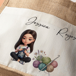 Personalized Knitting Cartoon Character Large Reusable Jute Bag with Photo and Text Daily Use Birthday Sewing Gift for Knitting Lover Woman