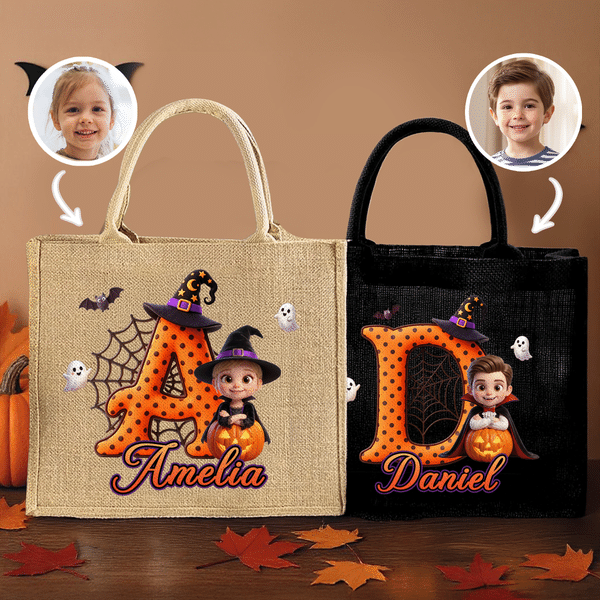 Personalised Halloween Witch Pumpkin Cartoon Kid Photo Large Capacity Jute Bag with Name Halloween Party Trick or Treat Activity Gift for Kids