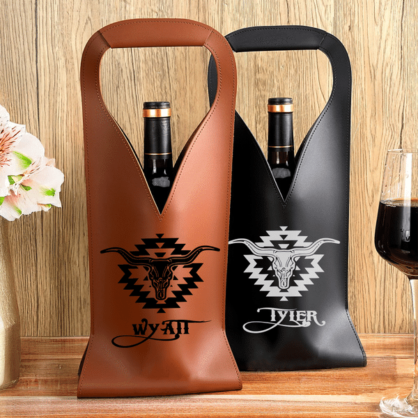 Personalised Western Longhorn Skull PU Leather Wine Bag with Name and Handle Protective Wine Accessories Birthday Wedding Gift for Wine Lover