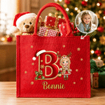 Personalized Christmas Cartoon Character Photo Initial Large Jute Tote Bag with Name Christmas Party Gift for Kid Family Friend