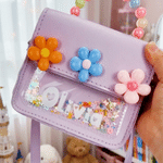 Personalised Cute 3D Flower Beaded Handle PU Leather Handbag with Name Glitter Quicksand Accessory Birthday Back to School Gift for Girls Toddlers