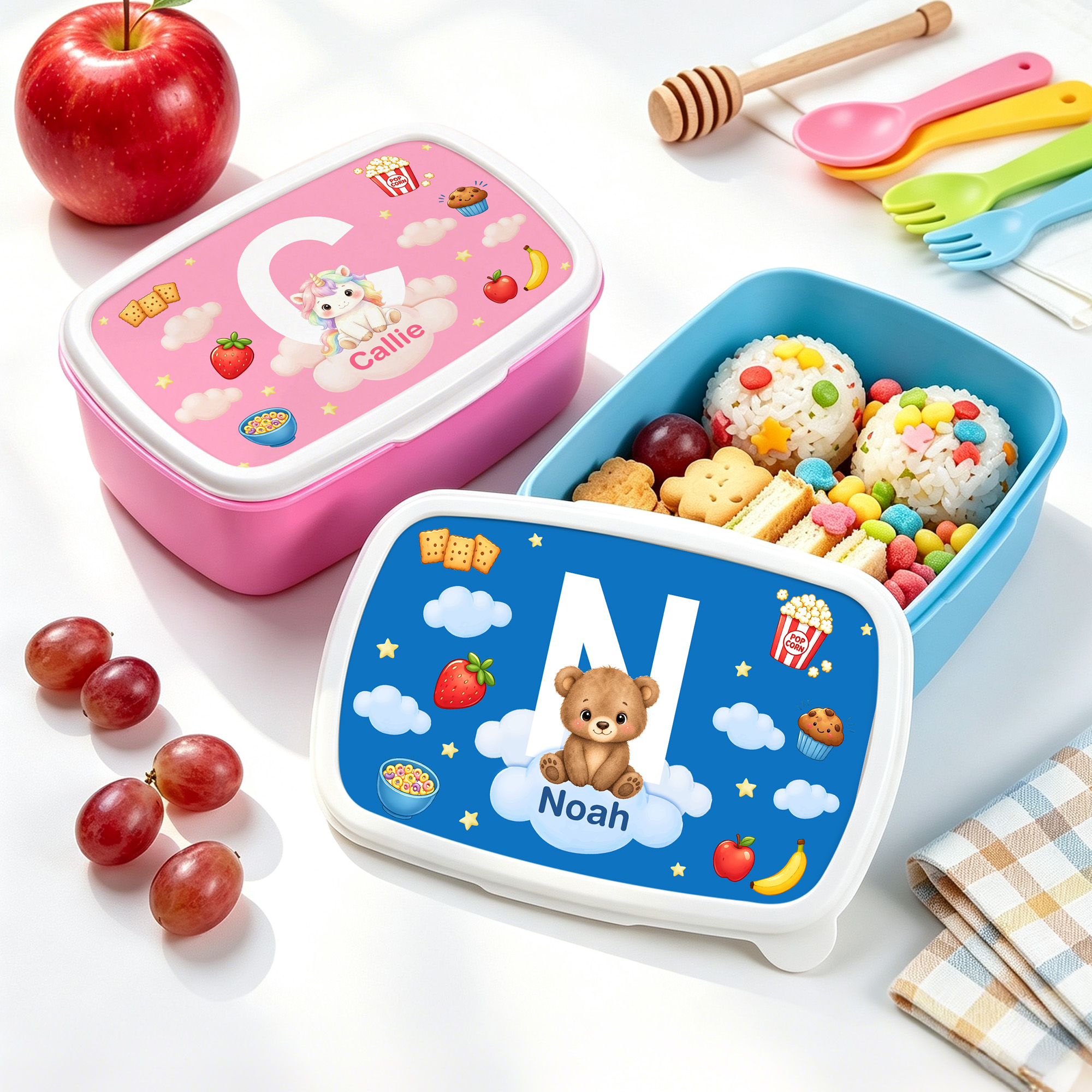 Individuell gestaltete Lunchbox mit Tier-Cartoon-Motiv, Wolken- und Stern-Design, lebensmittelecht, mit Namen und Initialen – Geburtstags- und Schulanfangsgeschenk für Jungen und Mädchen
