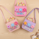 Personalised Cute 3D Flower Beaded Handle PU Leather Handbag with Name Glitter Quicksand Accessory Birthday Back to School Gift for Girls Toddlers