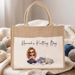 Personalized Knitting Cartoon Character Large Reusable Jute Bag with Photo and Text Daily Use Birthday Sewing Gift for Knitting Lover Woman