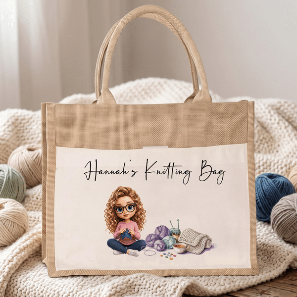 Personalized Knitting Cartoon Character Large Reusable Jute Bag with Photo and Text Daily Use Birthday Sewing Gift for Knitting Lover Woman