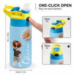 Personalized Cartoon Kid Character Birthday Flower 12 oz Insulated Water Bottle with Silicone Straw and Name Back to School Birthday Gift for Kids