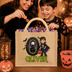 Personalised Halloween Theme Kid Photo Large Jute Tote Bag with Name and Initial Trick or Treat Halloween Party Gift for Boys Girls