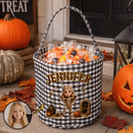Personalised Cartoon Characters Pumpkin Castle Bat Crescent Moon Halloween Sweets Bucket with Photo and Name Halloween Gift for Boys Girls