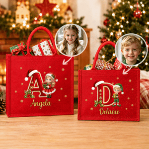 Personalized Christmas Cartoon Character Photo Initial Large Jute Tote Bag with Name Christmas Party Gift for Kid Family Friend