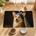 Individuell gestaltete, mehrfarbige PU-Leder-Futtermatte im klassischen Ölgemälde-Stil mit Haustierfoto und Namen – Wohnaccessoire und Geburtstagsgeschenk für Haustierbesitzer und -liebhaber
