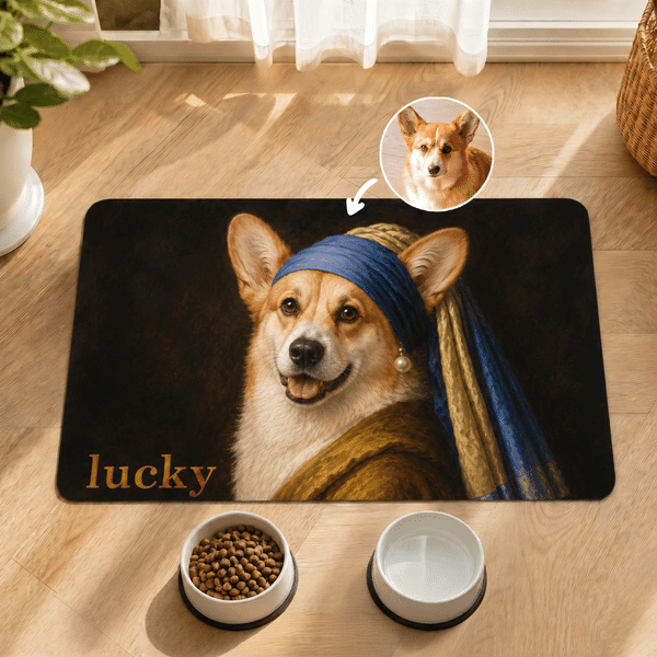 Personalized Classical Oil Painting Style Pet Photo Multicolour PU Leather Pet Food Mat with Name Home Decor Birthday Gift for Pet Owners Lovers