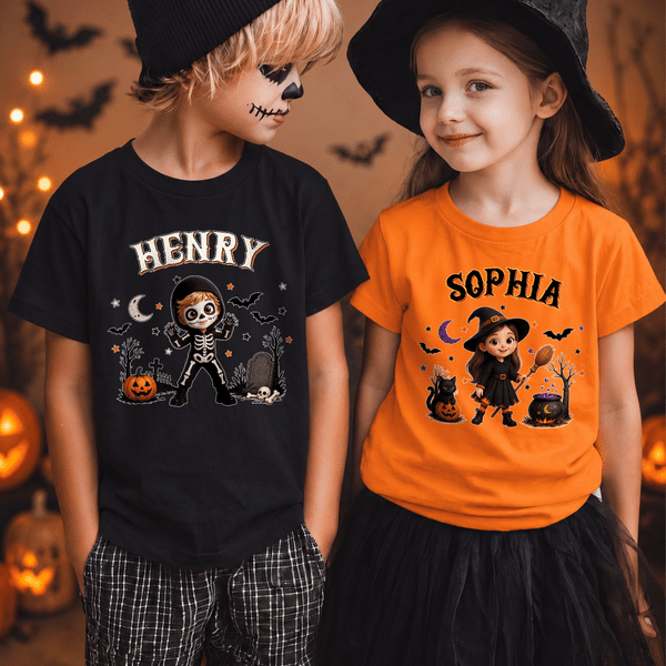 Personalized Halloween Spooky Cartoon Character Photo Kid T-shirt Sweatshirt Hoodie with Name Halloween Gift for Halloween Lovers Kids