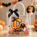 Personalised Cute Halloween Theme Cartoon Photo Character Transparent Tote Bag with Name Initial and Black Bow Halloween Party Gift for Kids