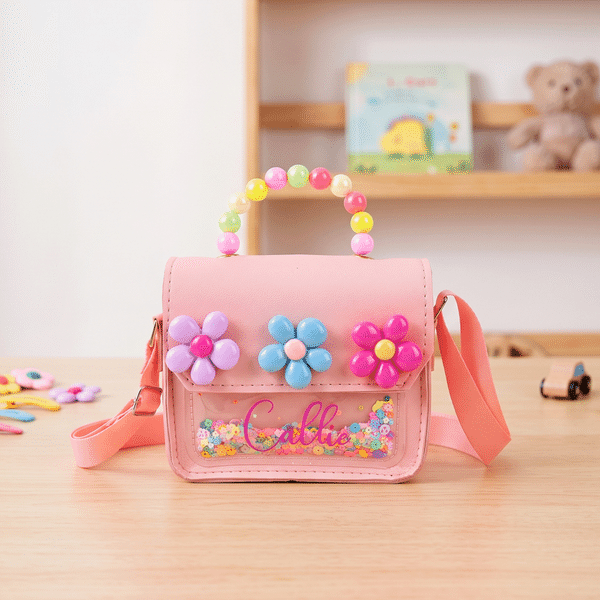 Personalised Cute 3D Flower Beaded Handle PU Leather Handbag with Name Glitter Quicksand Accessory Birthday Back to School Gift for Girls Toddlers