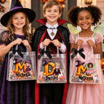 Personalised Cute Halloween Theme Cartoon Photo Character Transparent Tote Bag with Name Initial and Black Bow Halloween Party Gift for Kids