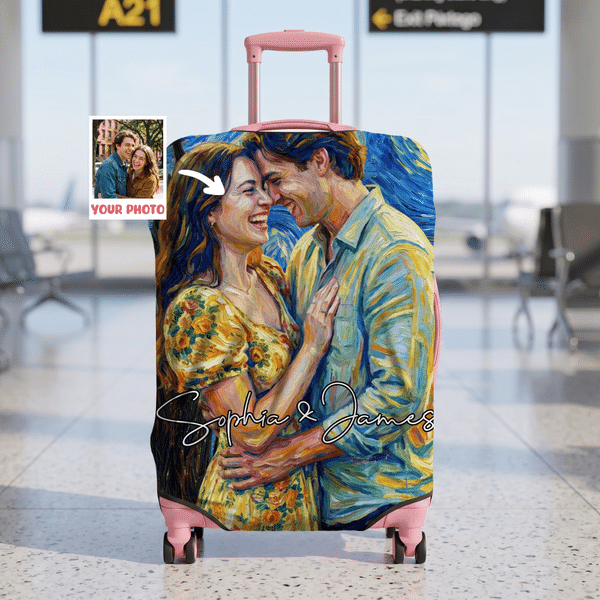 Personalised Oil Portrait Style Photo Luggage Protective Cover Fits 18-32 Inches Suitcase with Name Travel Birthday Gift for Family