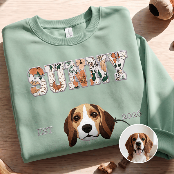 Personalized Multicolour Embroidered Pet Photo Avatar T-shirt Sweatshirt Hoodie with Name and Year Daily Wear Birthday Anniversary Gift for Pet Lovers