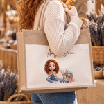 Personalized Knitting Cartoon Character Large Reusable Jute Bag with Photo and Text Daily Use Birthday Sewing Gift for Knitting Lover Woman