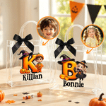 Personalised Cute Halloween Theme Cartoon Photo Character Transparent Tote Bag with Name Initial and Black Bow Halloween Party Gift for Kids