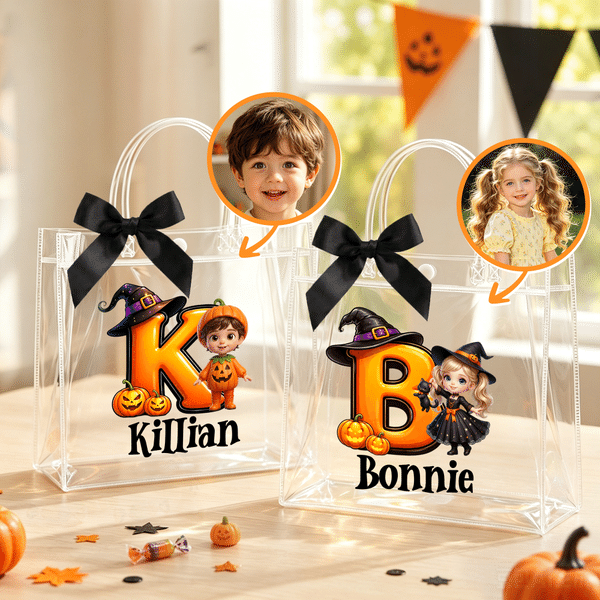 Personalised Cute Halloween Theme Cartoon Photo Character Transparent Tote Bag with Name Initial and Black Bow Halloween Party Gift for Kids