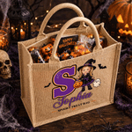 Personalised Wizard Witch Cartoon Character Photo Durable Jute Tote Bag with Name Trick or Treat Halloween Party Gift for Boys Girls
