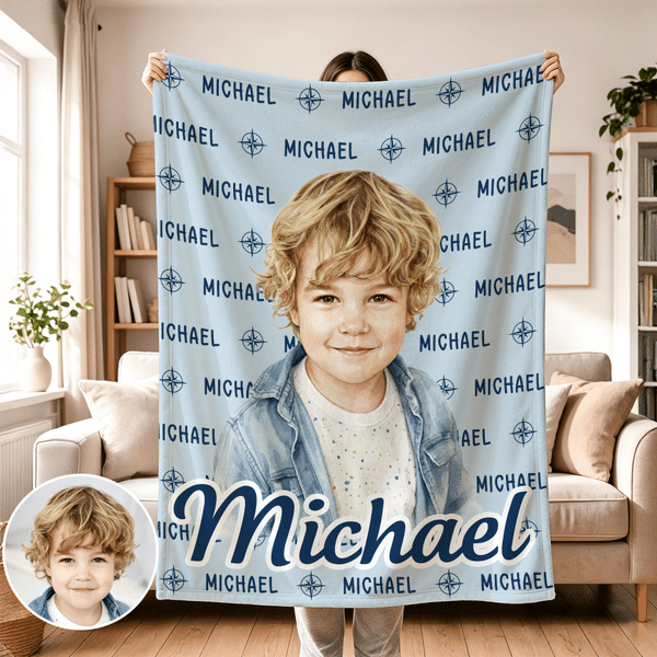Personalized Watercolor Style Photo Soft Throw Blanket with Name Back to School Anniversary Birthday Gift for Kid