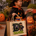 Personalised Halloween Theme Kid Photo Large Jute Tote Bag with Name and Initial Trick or Treat Halloween Party Gift for Boys Girls