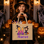 Personalised Halloween Theme Kid Photo Large Jute Tote Bag with Name and Initial Trick or Treat Halloween Party Gift for Boys Girls