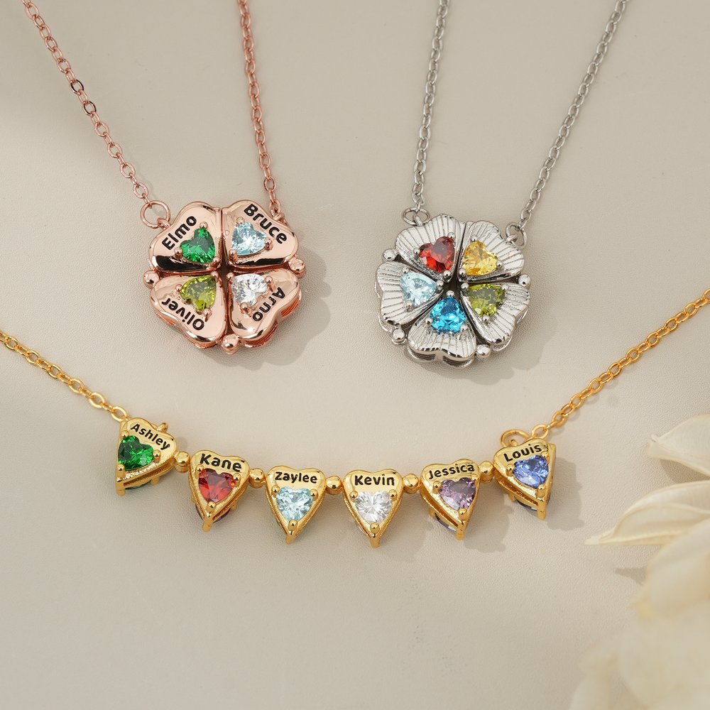 Personalised Dainty Magnetic Petal Flower 3-8 Heart Birthstone Necklace with Engraved Name Anniversary Birthday Gift for Mum Girlfriend 3