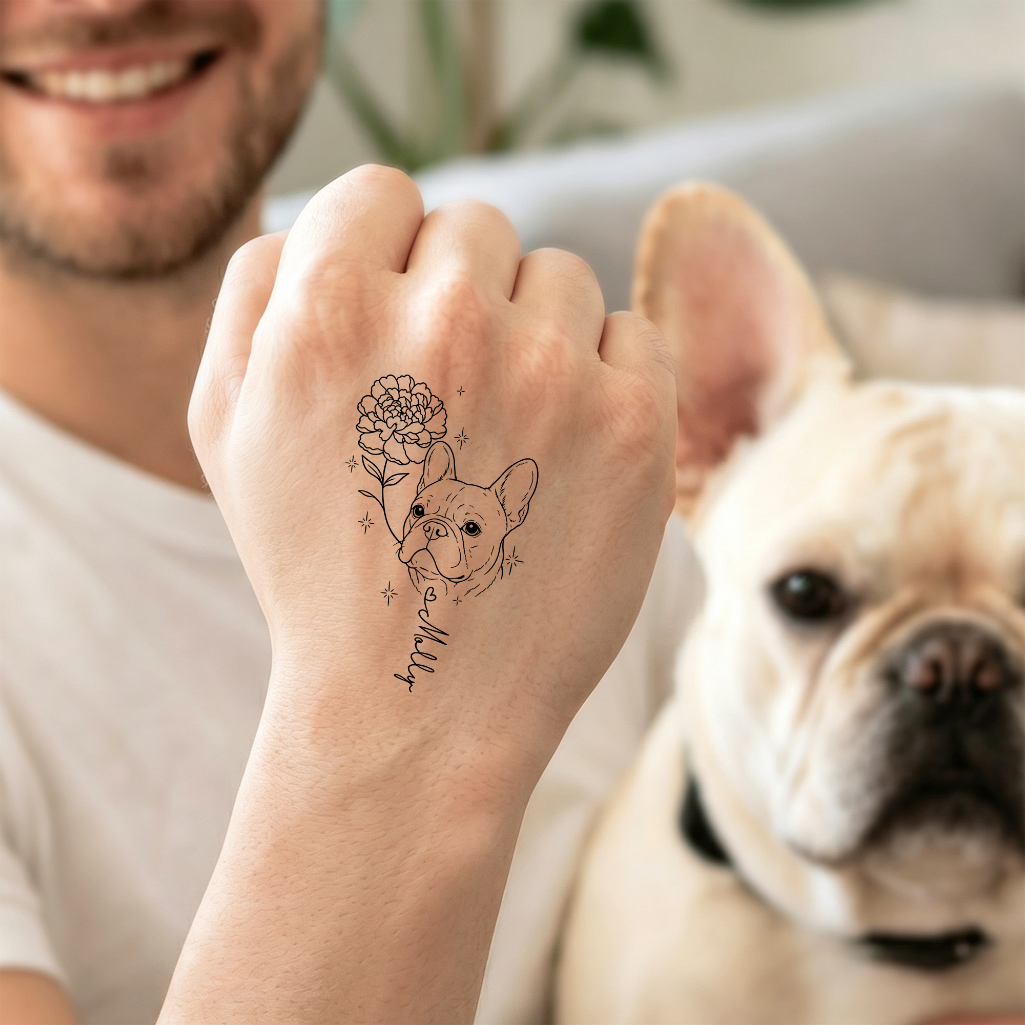 Individuell gestalteter Line-Art-Tattoo-Aufkleber mit Haustierfoto, Geburtsblume und Namen – Party- und Geburtstagsgeschenk für Hunde- und Katzenliebhaber sowie Tierhalter