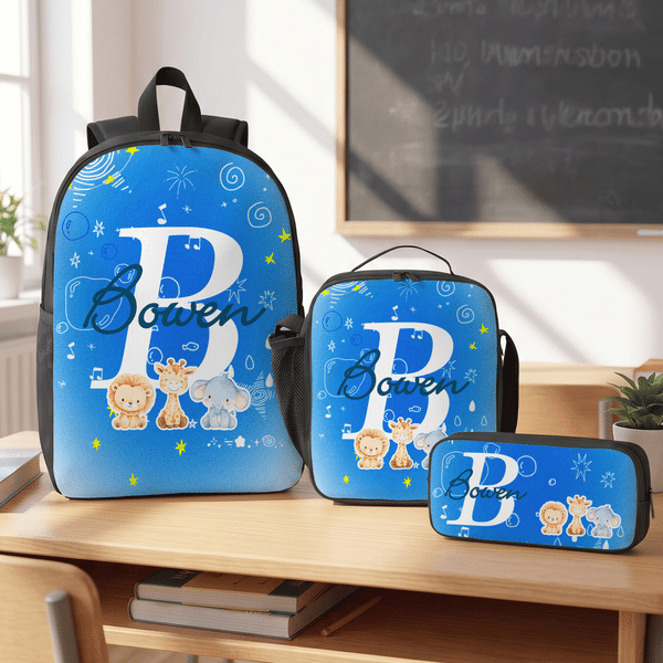 Personalized Multicolor Cute Animals Initial Backpack Lunch Bag Pencil Case Set with Name Daily Use Back to School Gift for Kids