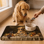 Individuell gestaltete, mehrfarbige PU-Leder-Futtermatte im klassischen Ölgemälde-Stil mit Haustierfoto und Namen – Wohnaccessoire und Geburtstagsgeschenk für Haustierbesitzer und -liebhaber
