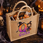 Personalised Halloween Theme Kid Photo Large Jute Tote Bag with Name and Initial Trick or Treat Halloween Party Gift for Boys Girls