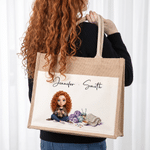 Personalized Knitting Cartoon Character Large Reusable Jute Bag with Photo and Text Daily Use Birthday Sewing Gift for Knitting Lover Woman