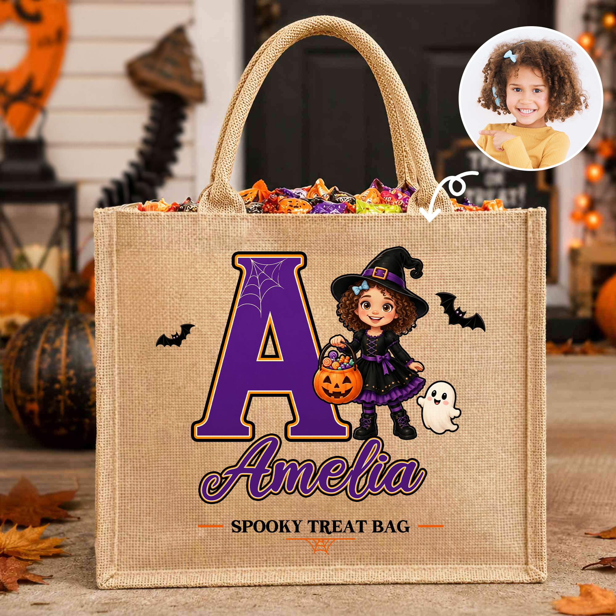 Individuell gestaltete, strapazierfähige Jute-Tragetasche mit Foto einer Zeichentrickfigur als Zauberin oder Hexe und Namensaufdruck – „Trick or Treat“-Halloween-Party-Geschenk für Jungen und Mädchen
