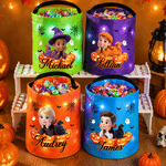 Personalised Halloween Cartoon Character Pumpkin LED Light Bucket Bag with Name and Photo Trick or Treat Halloween Party Gift for Children Boys Girls